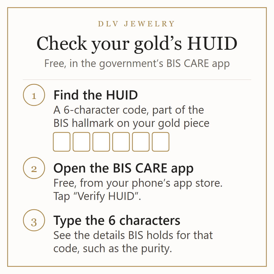 How to check your HUID. 1: Find the HUID, a 6-character code that is part of the BIS hallmark on your gold piece. 2: Open the free BIS CARE app from your phone’s app store and tap “Verify HUID”. 3: Type the 6 characters and see the details BIS holds for that code, such as the purity.